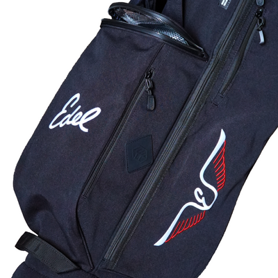 Edel Golf x Jones Stand Bag closeup on Edel script and wings logos