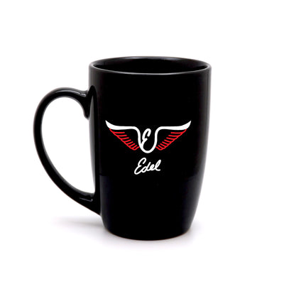 Black ceramic coffee mug with an Edel wings and signature logo