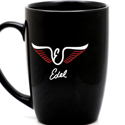 Black ceramic coffee mug with an Edel wings and signature logo