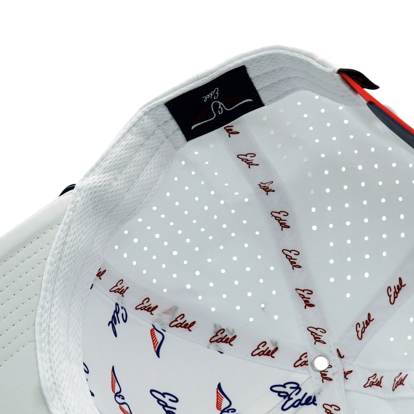 Inside of Edel Golf Raised Signature White Rope Hat with Black and Red Accents